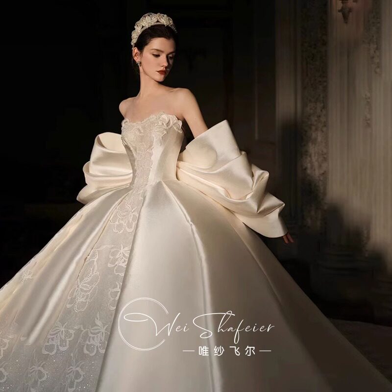 缎面抹胸主婚纱新娘2024新款主纱高端重工奢华小个子结婚婚礼夏季