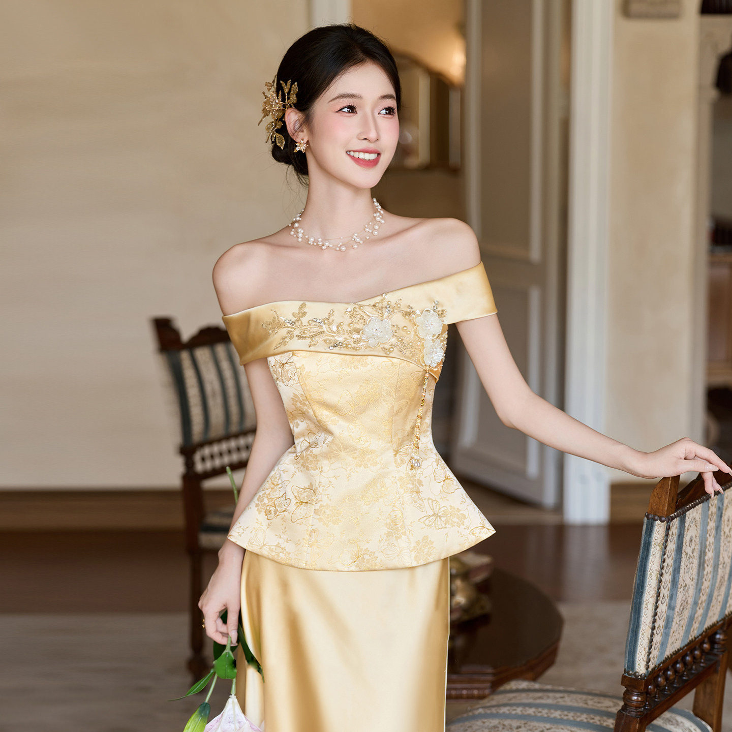 新中式礼服金色气质订婚礼服裙女2026新款春夏新娘敬酒服套装女