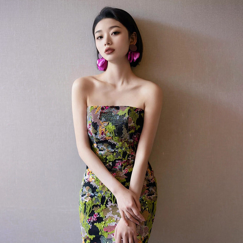 欧美重工晚礼服轻奢小众艺考演出抹胸长裙名媛宴会新娘答谢敬酒服