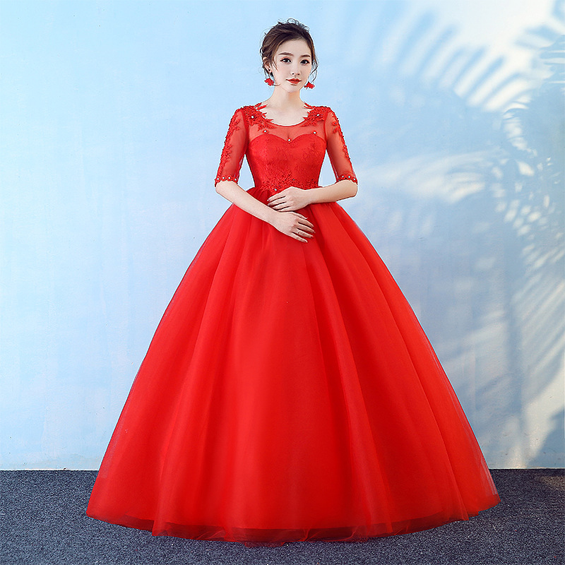 2025新款红色晚礼服裙女高级气质名媛主持人演出服年会连衣裙婚纱