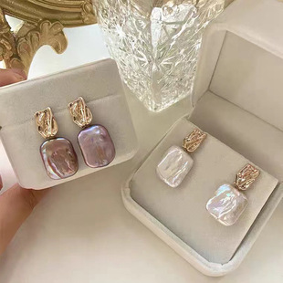 天然淡水珍珠耳钉女法式复古方形巴洛克异形耳坠粉紫色宫廷风耳饰