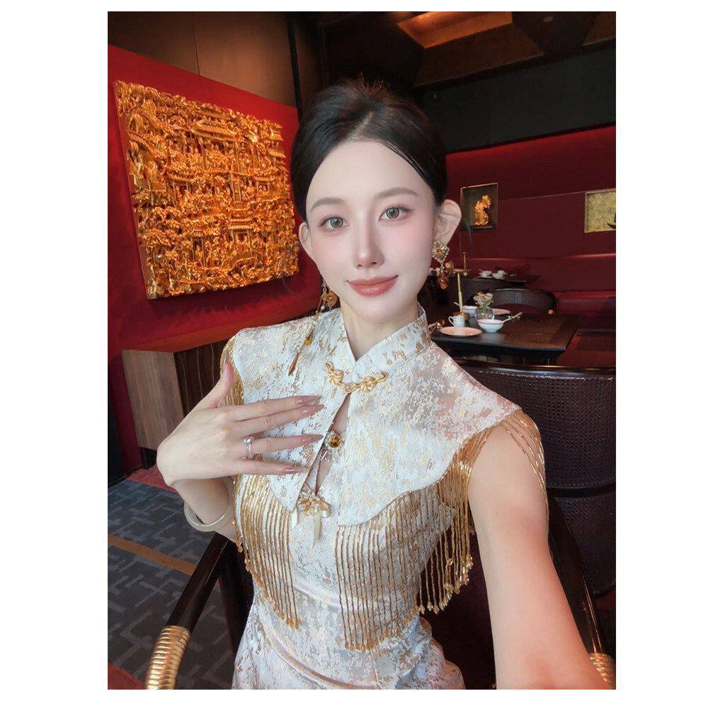 新中式香槟色披肩旗袍敬酒服新娘订婚礼服登记领证连衣裙平时穿夏