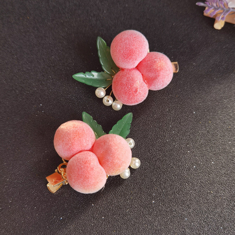 毛桃古风汉服发饰粉色桃子珍珠发夹对夹少女可爱边夹头饰品水蜜桃