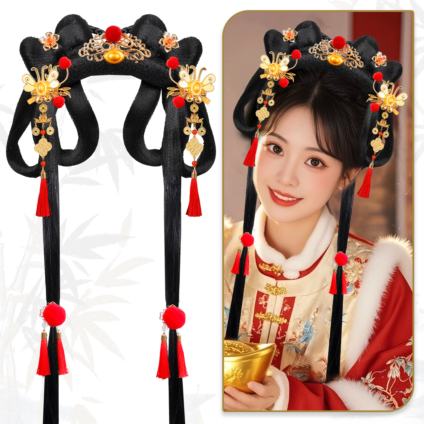 新年喜庆红色发饰假发组合