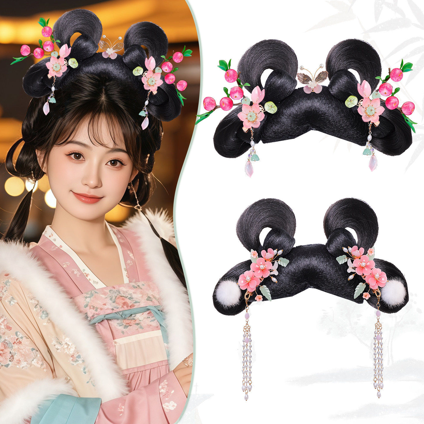 花朵果子流苏头饰演出假发髻古风发髻假发包古装汉服造型甜美少女,美发护发/假发,演出假发,淘宝优惠券,粉丝福利购,淘宝优惠卷