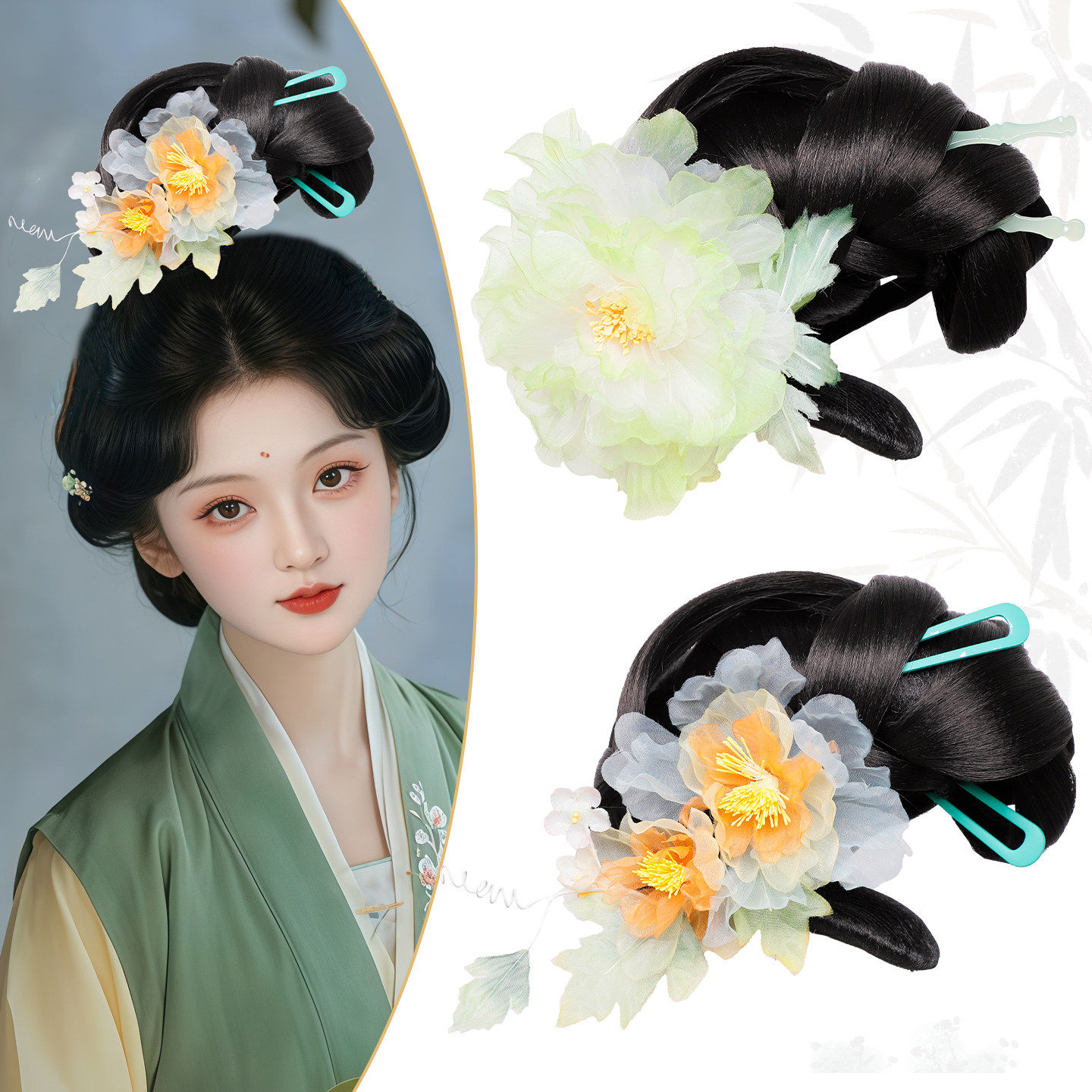 唐风牡丹羽毛流苏汉服发髻百搭