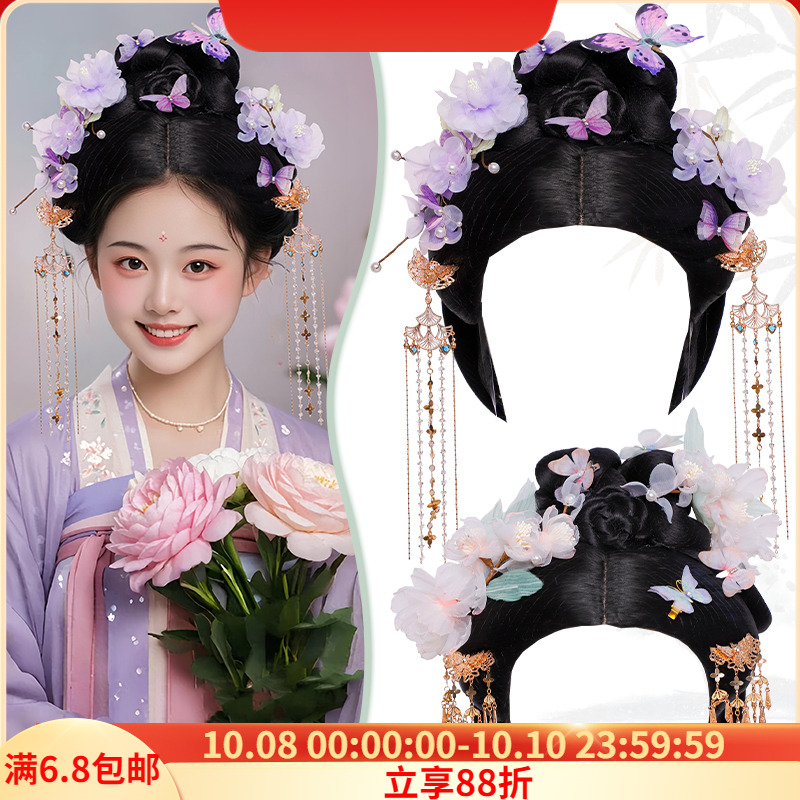 古风唐风女士整顶头套贵妃汉服假发套影视剧同款一体假发唐朝发饰