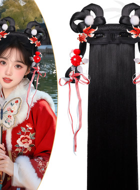 国风写真拍摄配饰全套新年汉服假发一体式古风造型发包红色系流苏