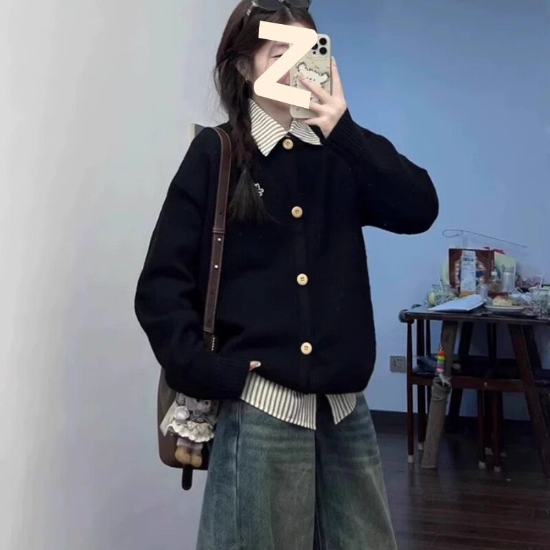新款韩系衬衫polo领假两件毛衣女外套慵懒风学院风时尚休闲针织衫