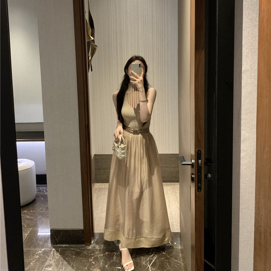 杏色网纱拼接上衣女搭配轻熟风半身裙2025茶系温柔气质背心长裙子