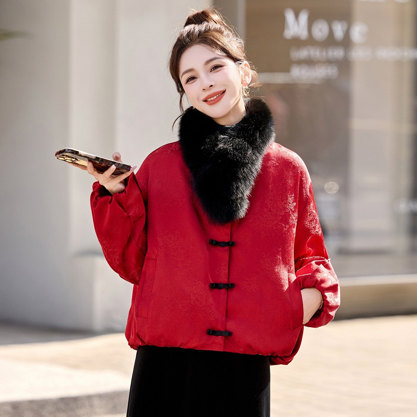 高级90新国标羽绒服新中式贵妇狐狸毛领羽绒国风宴会晚会气质外套