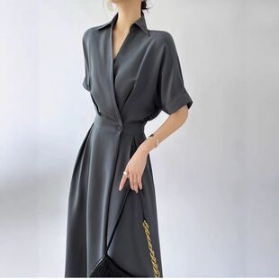 冰感抗皱微胖mm中长款 5501夏季 收腰显瘦V领设计感连衣裙 现货