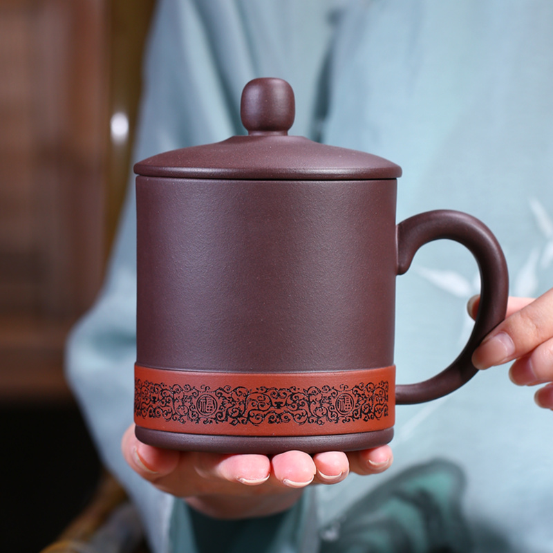 正品宜兴手工紫砂杯原矿紫泥大容量茶杯办公男士泡茶杯带盖子茶具