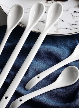 盐勺食品级ins 家用陶瓷勺子加长柄咖啡勺调料勺短柄 超小勺汤勺