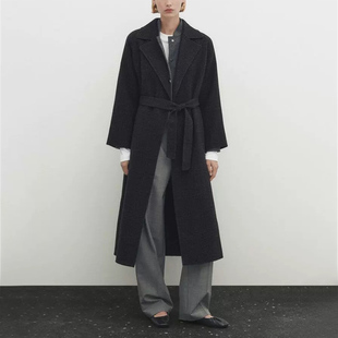 宽松系带格子羊毛呢子外套 韩版 双面羊绒大衣女2025秋冬新款 中长款