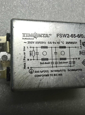 瑞士原产TIMONTA  FSW2-65-6/0.5  双磁环高档电源滤波器 250V 6A