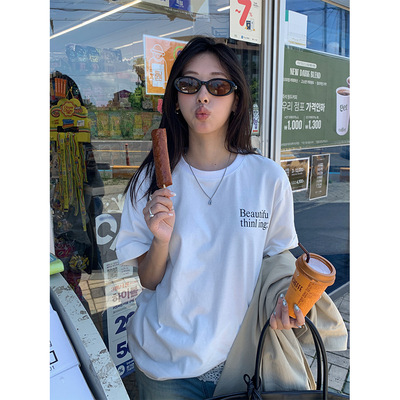 韩版磨毛印花短袖T恤女秋季显瘦气质百搭宽松上衣