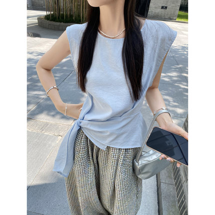 美己己 系带无袖上衣设计感圆领休闲百搭显瘦气质小衫夏季衬衫女
