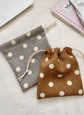 有趣琳 211191 可爱灯芯绒收纳袋小号束口袋波点化妆品分装袋杂物