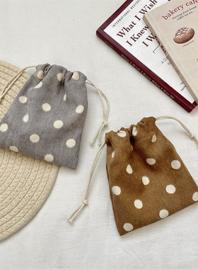 有趣琳 211191 可爱灯芯绒收纳袋小号束口袋波点化妆品分装袋杂物