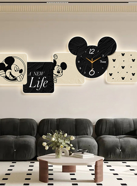 奶油风米奇客厅装饰画带时钟卡通人物led灯发光画沙发背景墙挂画