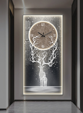 轻奢玄关装饰画时钟表走廊过道挂画挂钟麋鹿客厅LED灯发光墙壁画