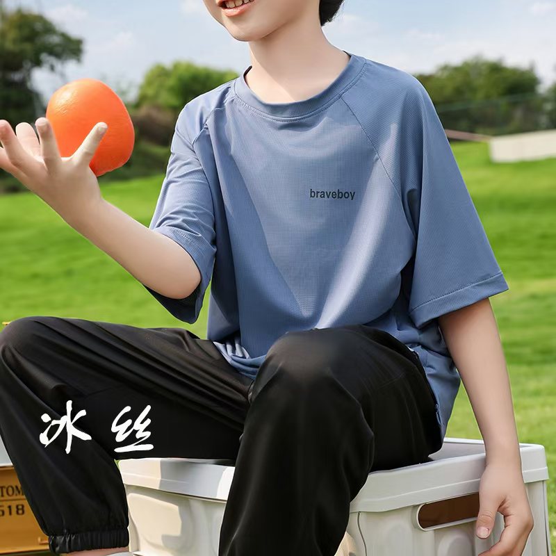 儿童套装男童2025新款夏季冰丝速干短袖长裤男孩运动薄款夏装凉感