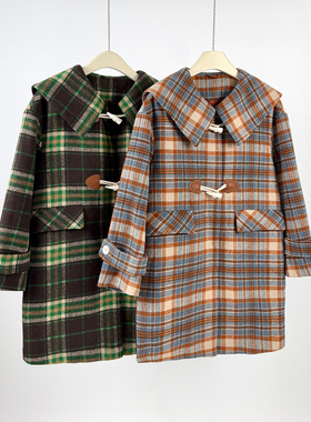 女款海军领翻领格子毛呢外套通勤休闲中长款大衣加厚呢子外套8862