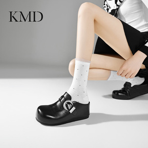 KMD 2026春夏新款百搭包头拖鞋女外穿真皮厚底深口单鞋少女羊皮革