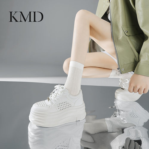 KMD厚底小白鞋女夏季2026新款镂空透气增高松糕底真皮休闲板鞋