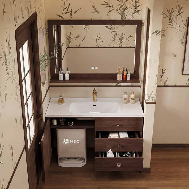 新中式胡桃色浴室柜陶瓷一体盆可放扫地机器人基站卫生间洗漱柜,家装主材,浴室柜组合,淘宝优惠券,粉丝福利购,淘宝优惠卷