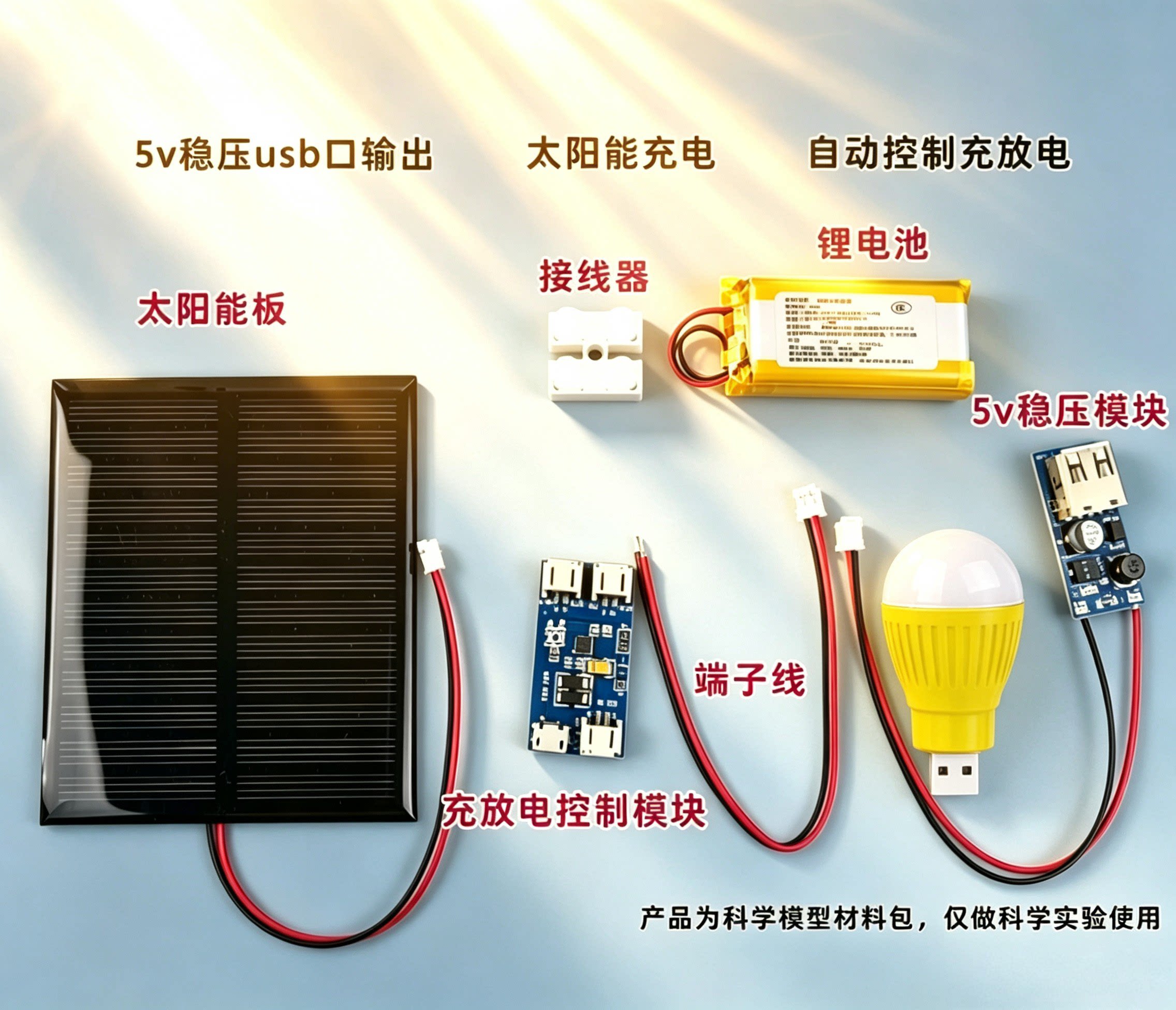太阳能发电实验材料蓄电5v输出USB口可接风扇科学小制作发明DIY