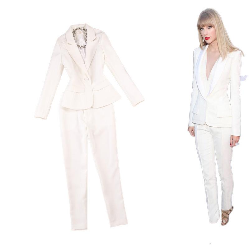 2 PIECES WOMENS SPRING SUMMER AND AUTUMN NEW ENGLAND SLIM SIMPLE WHITE SUIT +9 PANTS PANTS PANTS SUIT