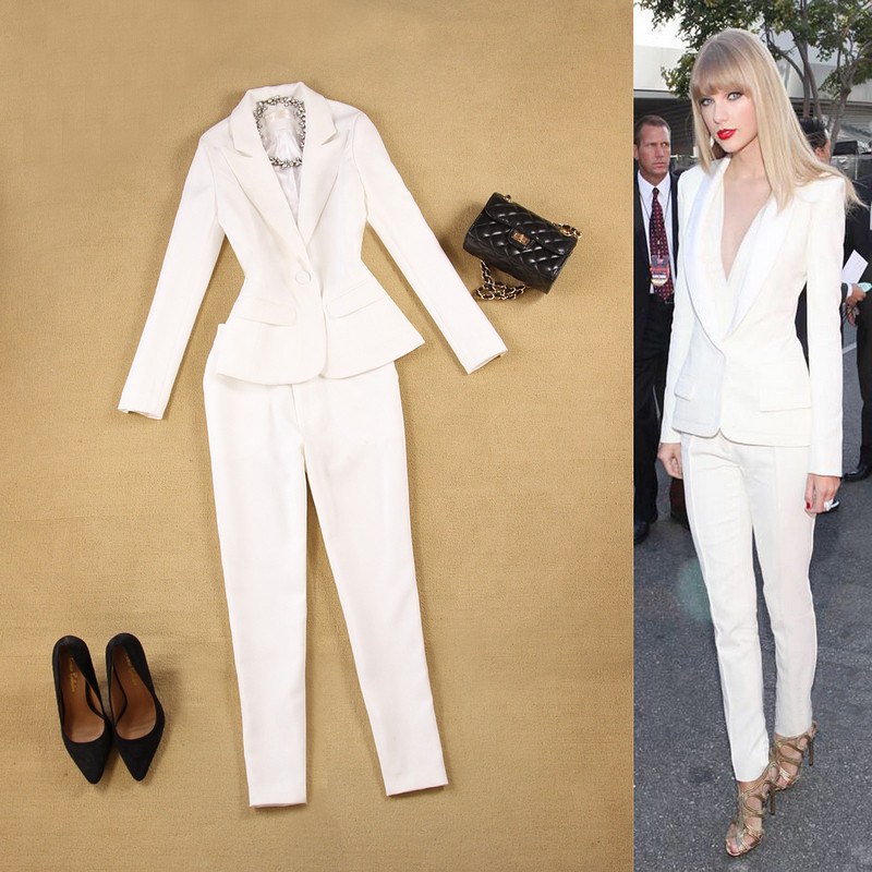 2 PIECES WOMENS SPRING SUMMER AND AUTUMN NEW ENGLAND SLIM SIMPLE WHITE SUIT +9 PANTS PANTS PANTS SUIT