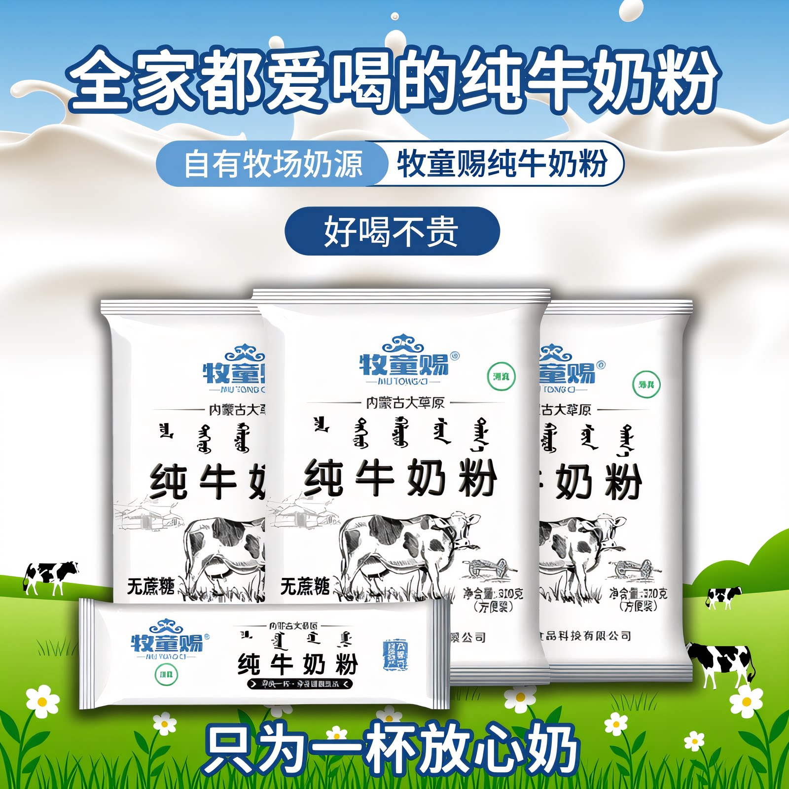 牧童赐内蒙纯牛奶粉袋装学生中老年成人早餐diy蛋糕酸奶烘焙食材