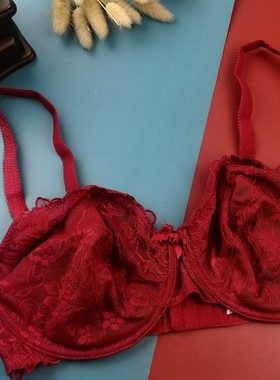 80E本命年红色镂空蕾丝超薄文胸外贸带钢圈大胸内衣透明性感胸罩