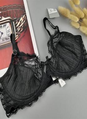 外贸大码内衣网纱薄款蕾丝大罩杯有钢圈文胸罩大胸显小黑色75B85E