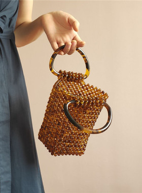 【CILI CLUTCH 】设计自制亚克力编织玳瑁色手提复古串珠手提桶包