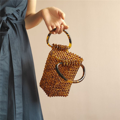 复古cili自制特色玳瑁色串珠桶包
