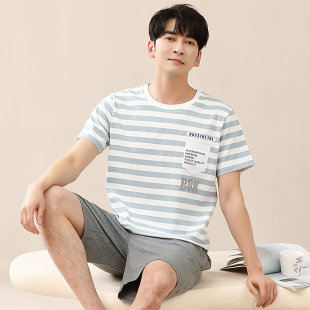 纯棉短袖 夏季 短裤 条纹家居服可外穿薄款 100%全棉男士 大码 睡衣套装