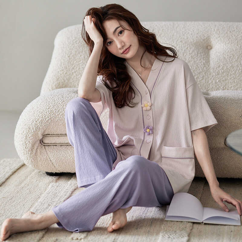 泡泡棉女夏季薄款短袖长裤套装