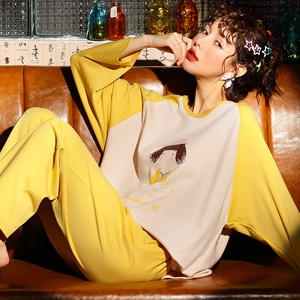 秋季100%纯棉女士韩版睡衣加大码全棉质清新女款家居服运动套装