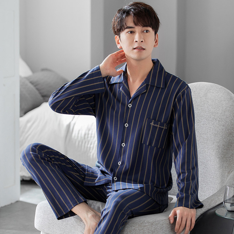 春秋季男士睡衣精梳纯棉长袖长裤秋天全棉大码男式家居服开衫套装