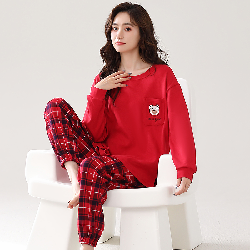 春秋季加厚女士100%纯棉睡衣套装全棉长袖长裤套头宽松家居服大码