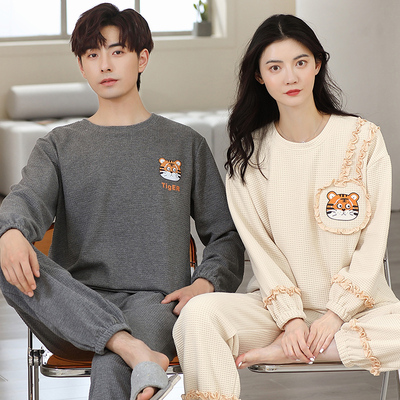秋季加厚长袖长裤100%纯棉情侣睡衣套头男女式家居服全棉质套装