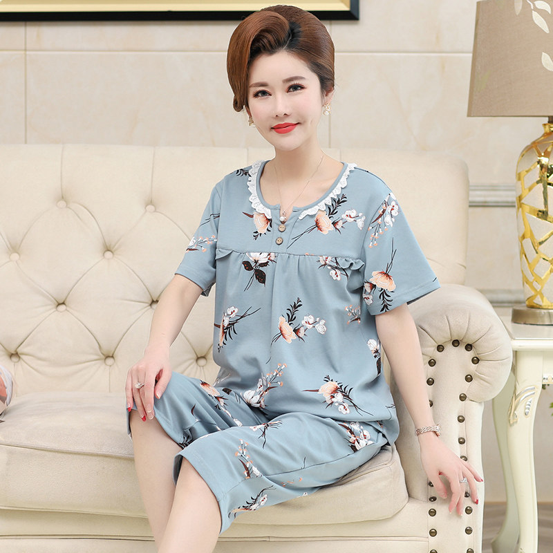 妈妈睡衣女夏季精梳棉短袖七分裤加大码薄款家居服套装中老年套装