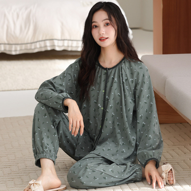 春秋季薄款100%纯棉田园碎花睡衣女长袖宽松开衫家居服套装可外穿