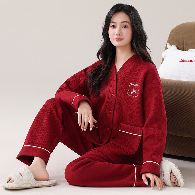 秋冬加厚三层保暖纯棉睡衣女长袖开衫式夹层太空棉家居服套装大码
