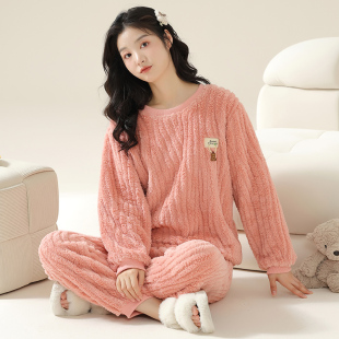 保暖珊瑚绒家居服可外穿套装 可爱冬季 加厚法兰绒女睡衣韩版 秋冬款