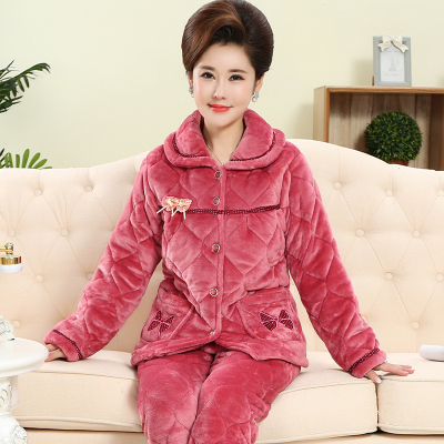 睡衣女冬季加厚加绒三层夹棉